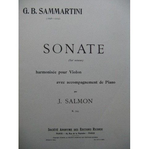 SAMMARTINI G. B. Sonate Piano Violon 1921