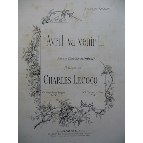 LECOCQ Charles Avril va venir !... Chant Piano ca1890