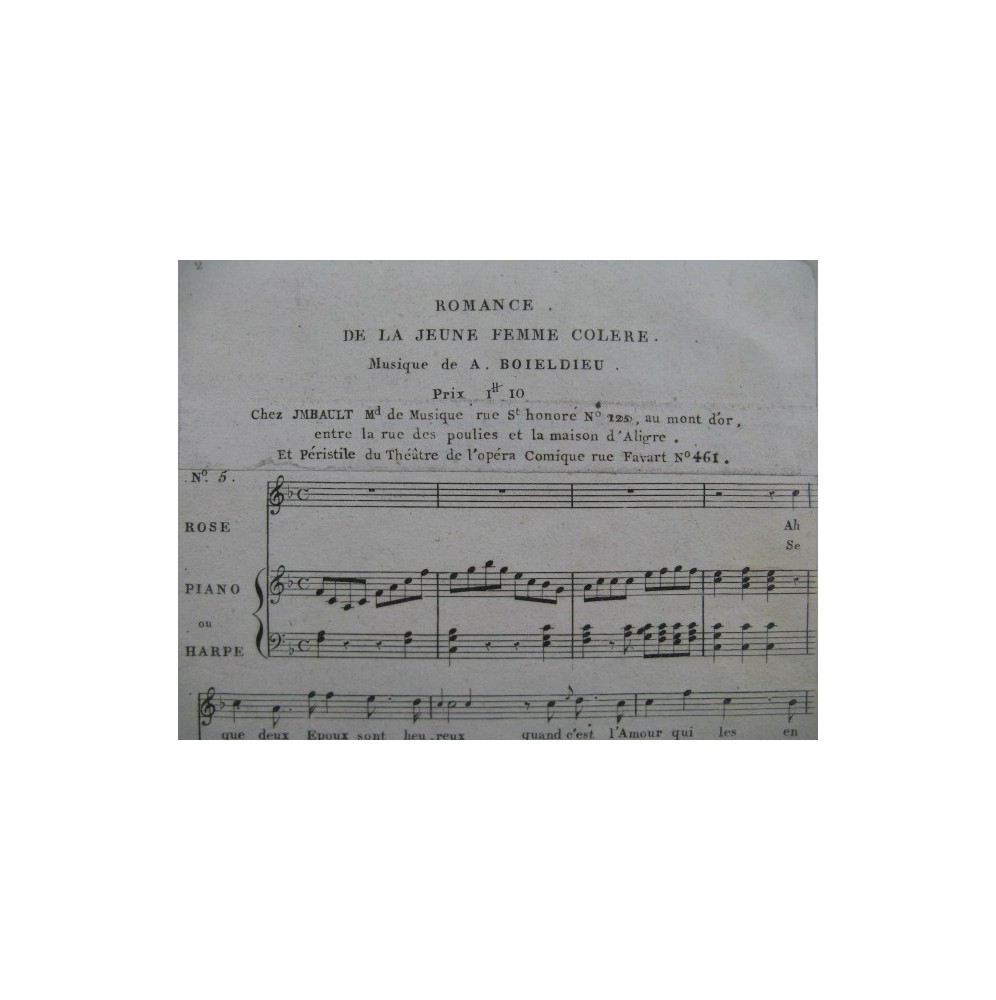 BOIELDIEU Adrien La Jeune Femme Colère No 5 Romance Chant Piano ou Harpe 1805