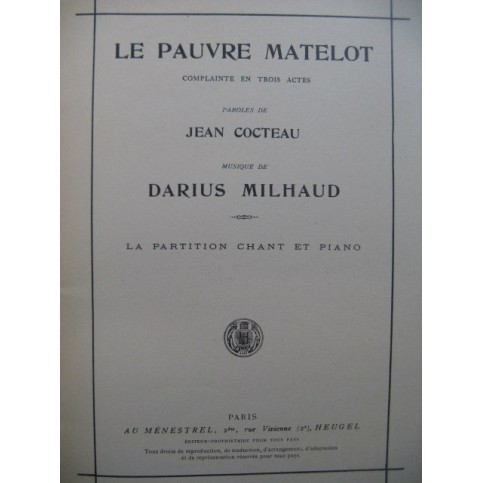 MILHAUD Darius Le Pauvre Matelot Chant Piano 1950