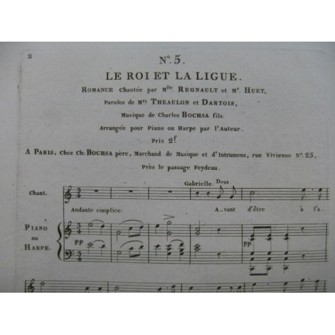 BOCHSA N. Ch. Le Roi et la Ligue No 5 Chant Piano ou Harpe 1815