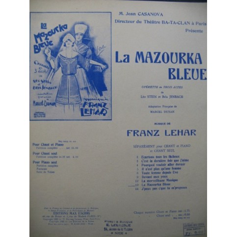 LEHAR Franz La Mazourka Bleue Chant Piano 1922