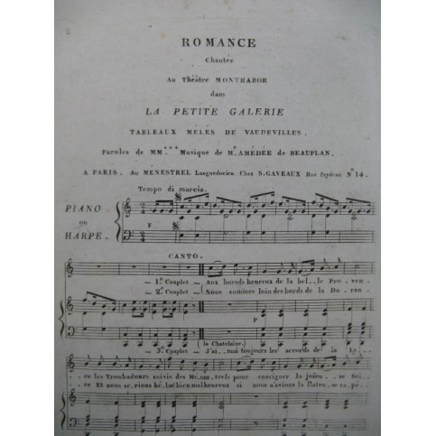 DE BEAUPLAN Amédée Romance La Petite Galerie Chant Piano ou Harpe ca1820