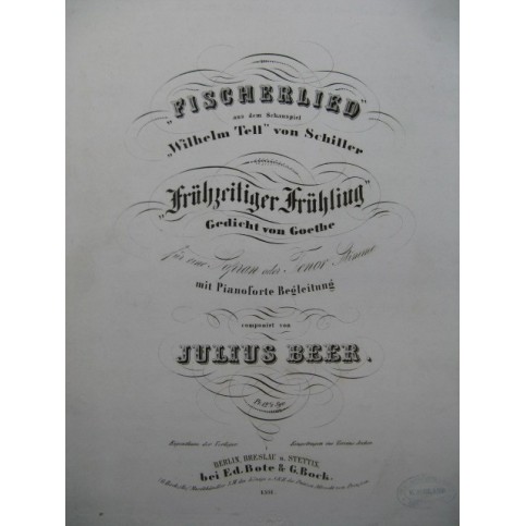 BEER Julius Fischerlied Wilhelm Tell Chant Piano ca1850