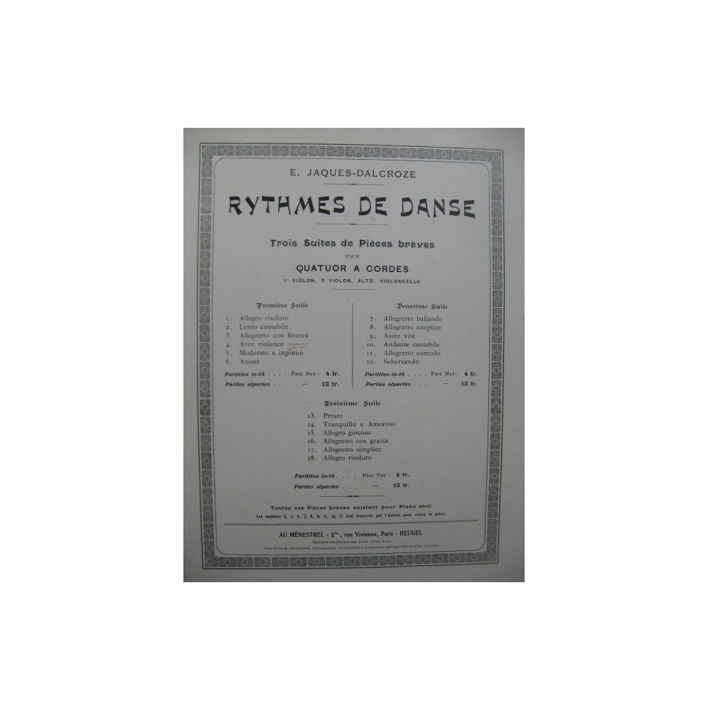 JAQUES-DALCROZE E. Rythmes de Danse Suite No 1 Quatuor 1922