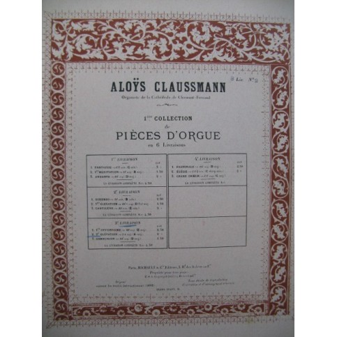 CLAUSSMANN Aloÿs Pièces d'Orgue 3e Livraison Orgue 1893