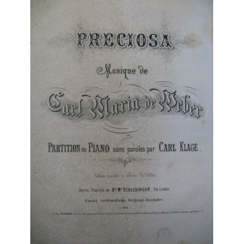 De WEBER Carl Maria Preciosa Piano solo ca1830