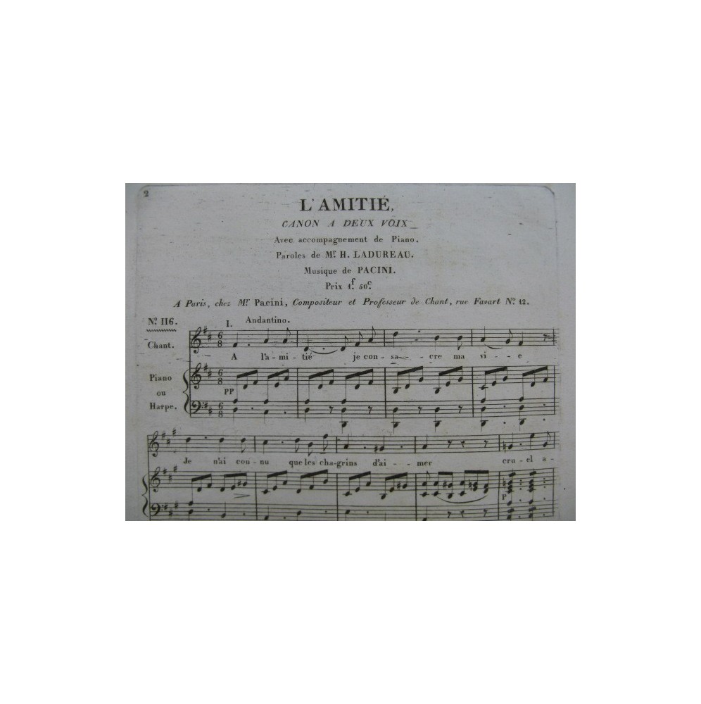 PACINI L'Amitié Canon Chant Piano ou Harpe ca1810