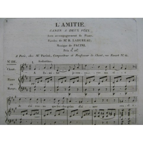 PACINI L'Amitié Canon Chant Piano ou Harpe ca1810