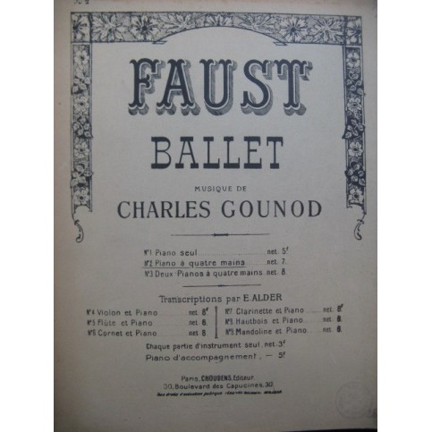 GOUNOD Charles Faust Ballet pour Piano 4 mains 1929