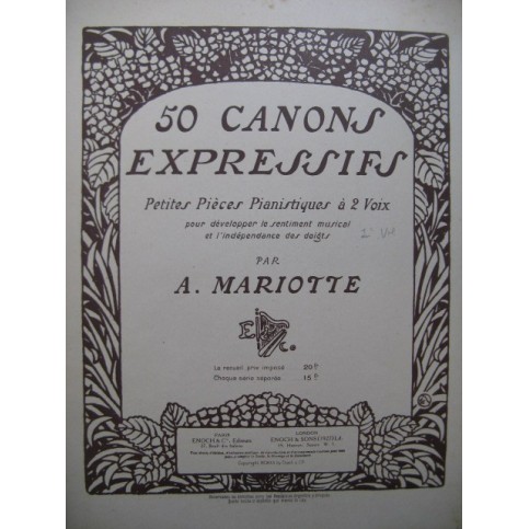 MARIOTTE Antoine 50 Canons Expressifs 1ère Série No 1 à 25 Piano 1920
