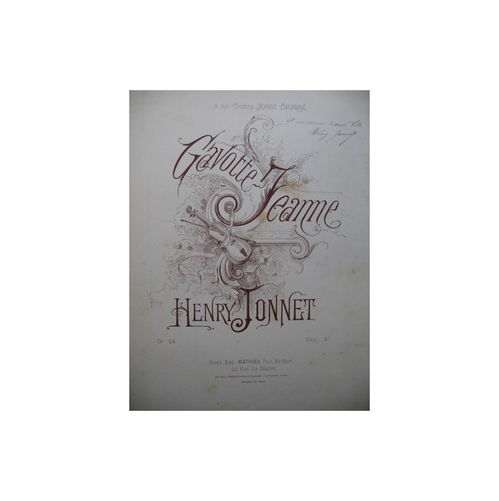 JONNET Henry Gavotte Jeanne Dédicace Piano XIXe siècle