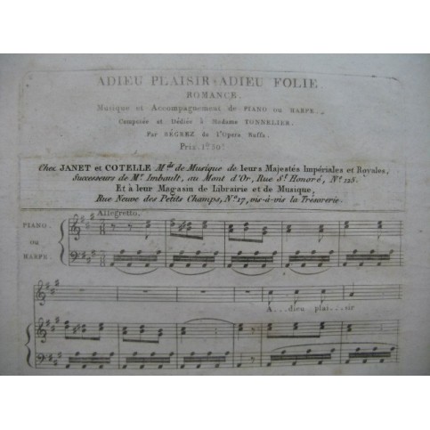 BEGREZ Pierre-Ignace Adieu Plaisir Adieu Folie Chant Piano ou Harpe ca1815