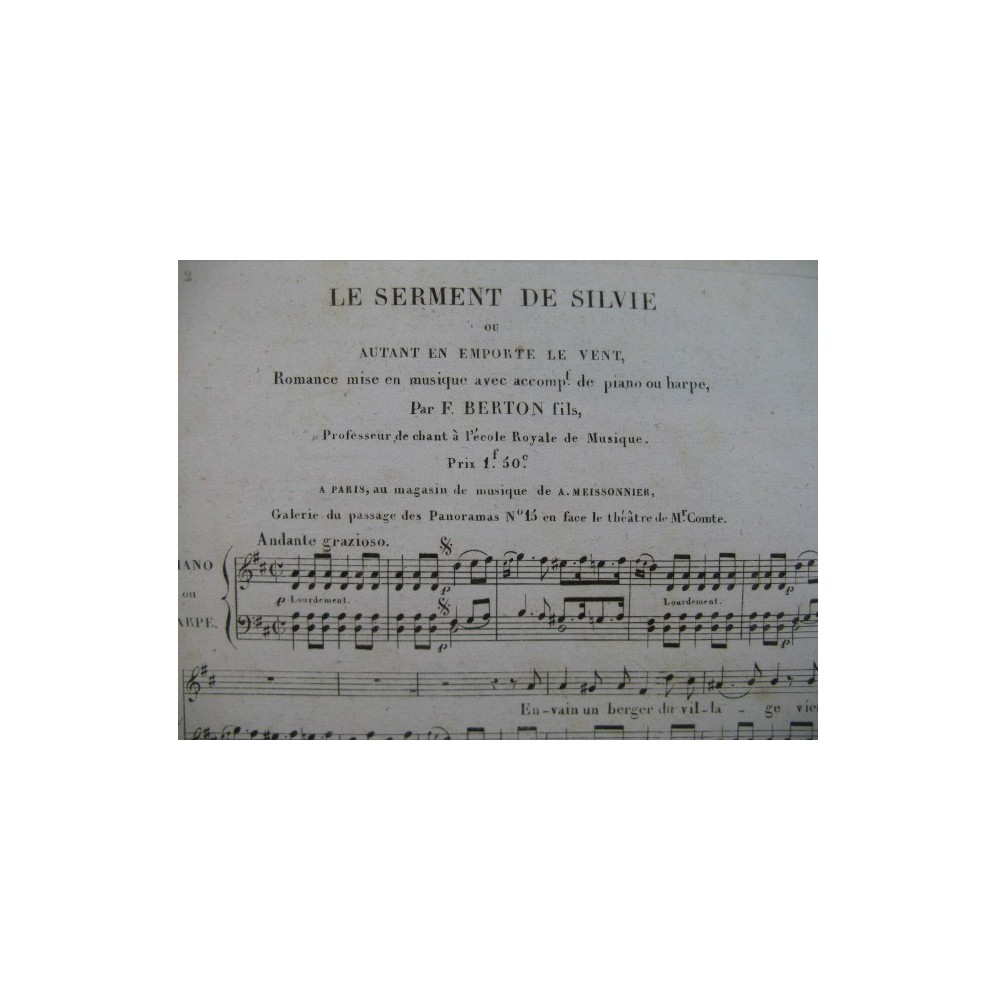 BERTON F. Fils Le Serment de Silvie Chant Piano ou Harpe ca1830