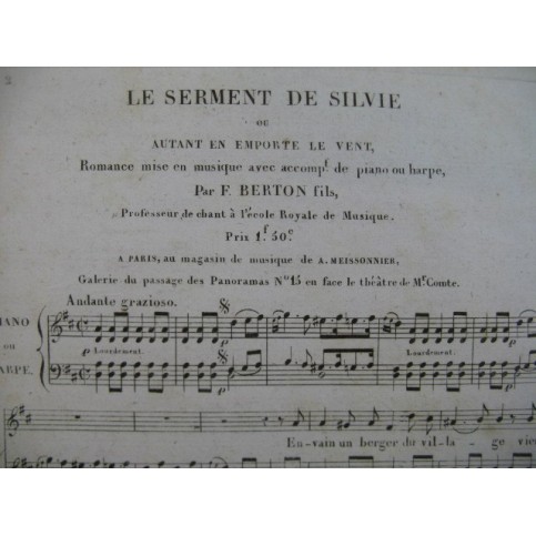 BERTON F. Fils Le Serment de Silvie Chant Piano ou Harpe ca1830