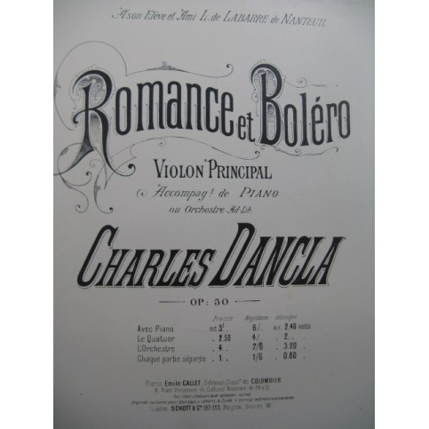 DANCLA Charles Romance et Boléro Violon Piano ca1890