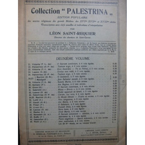 Collection Palestrina Oeuvres Religieuses des Grands Maîtres Chant seul 1913