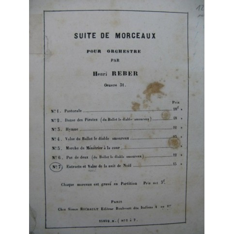 REBER Henri Ent'acte et Valse de la Nuit de Noël Orchestre 1876