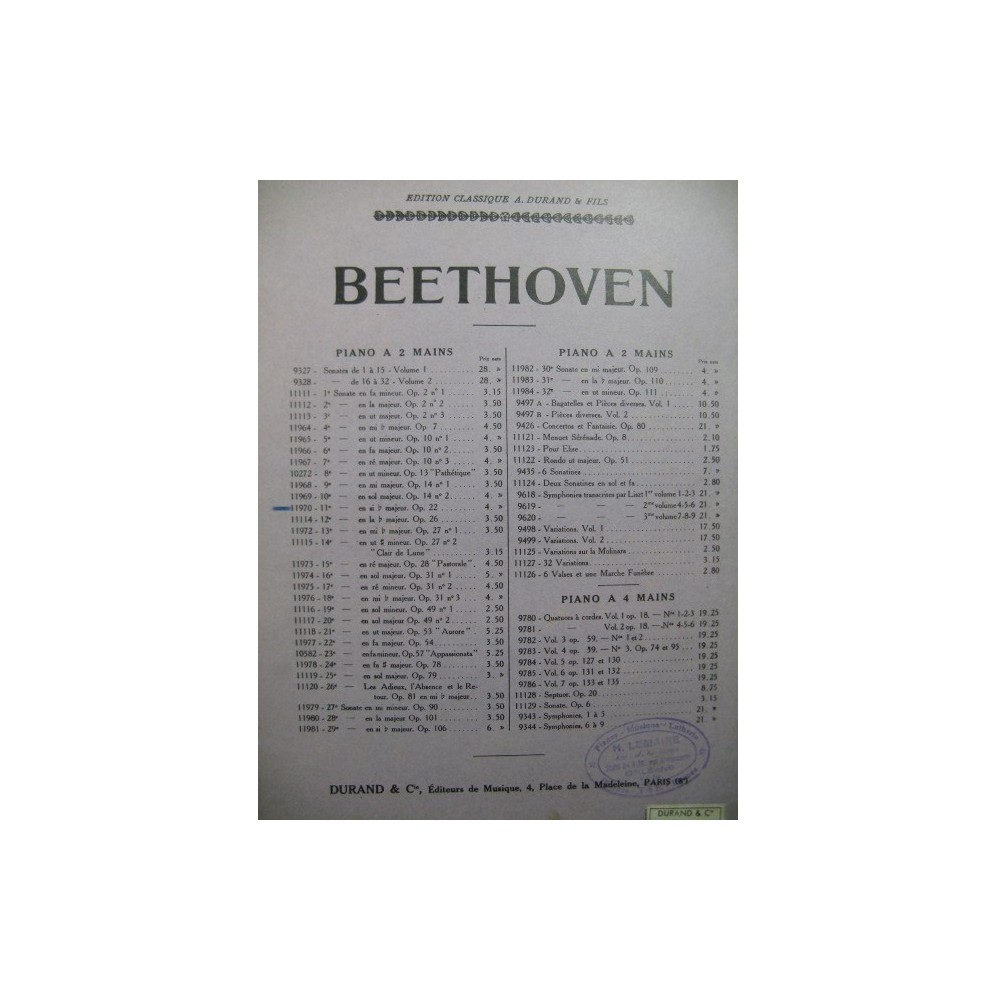BEETHOVEN Sonate No 11 Piano 1930