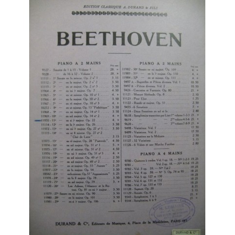 BEETHOVEN Sonate No 11 Piano 1930