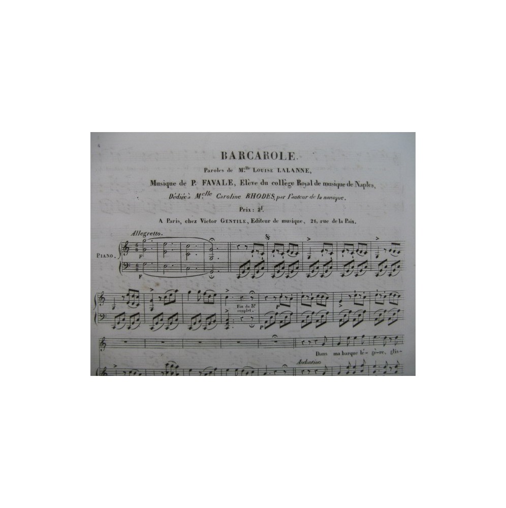 FAVALE P. Barcarolle Chant Piano ca1840