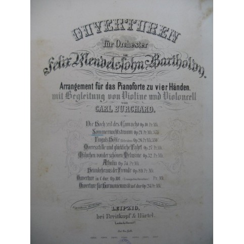 MENDELSSOHN Sommernachtstraum Ouverture Piano 4 mains Violon Violoncelle ca1875