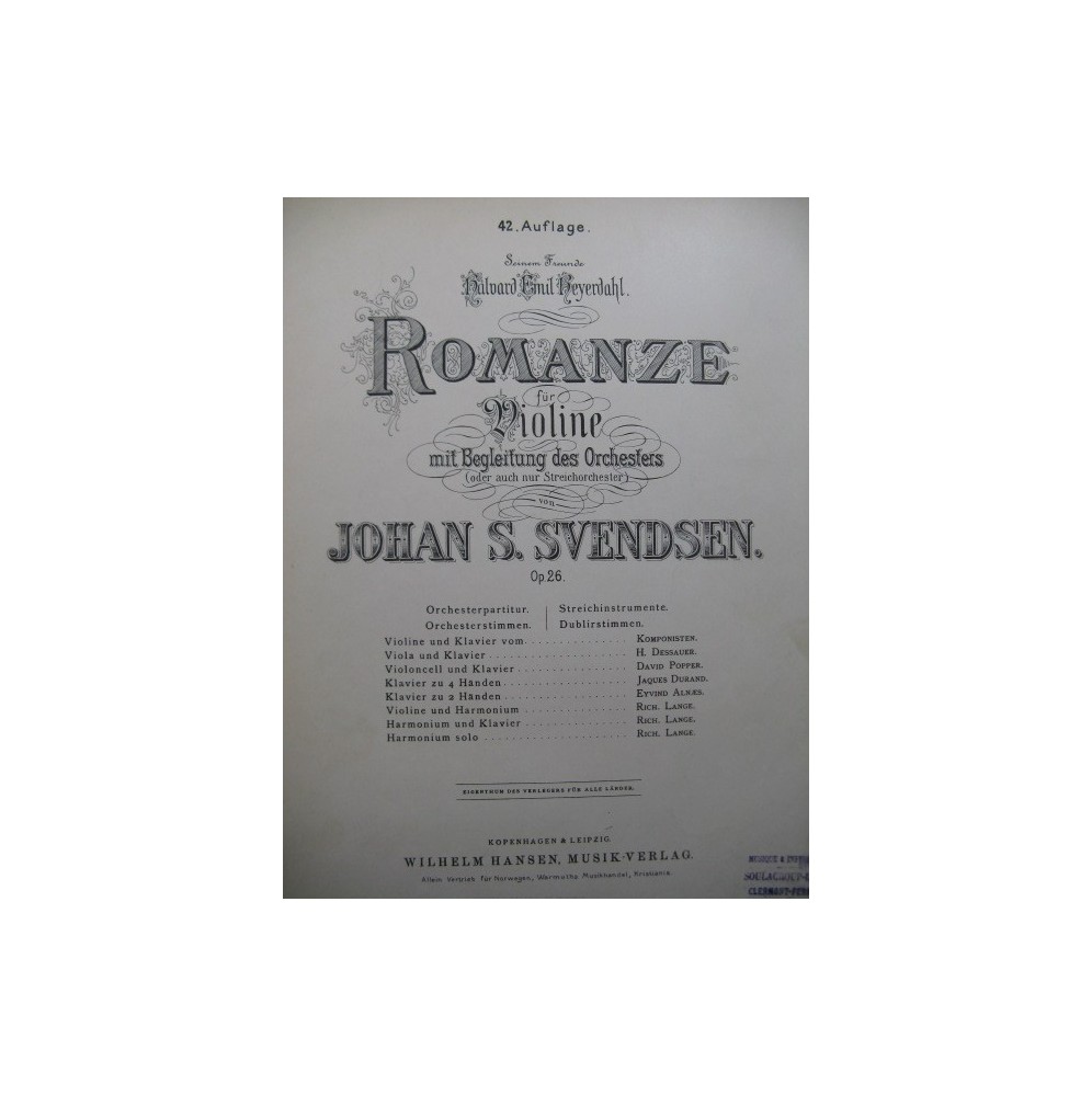 SVENDSEN Johan Romanze Violon Piano ca1900