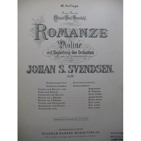 SVENDSEN Johan Romanze Violon Piano ca1900
