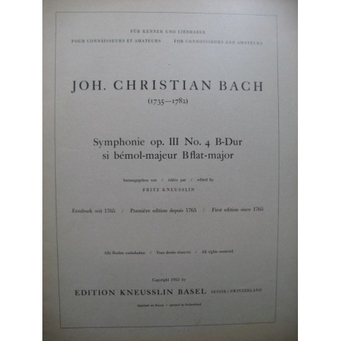 BACH Johann Christoph Symphonie op 3 No 4 Orchestre 1953