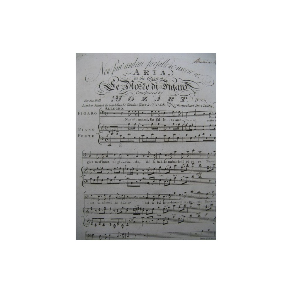 MOZART W. A. Le Nozze di Figaro Aria Chant Piano XIXe