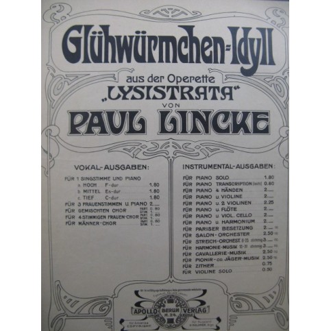 LINCKE Paul Gluhwurmchen Idyll Piano Chant 1903