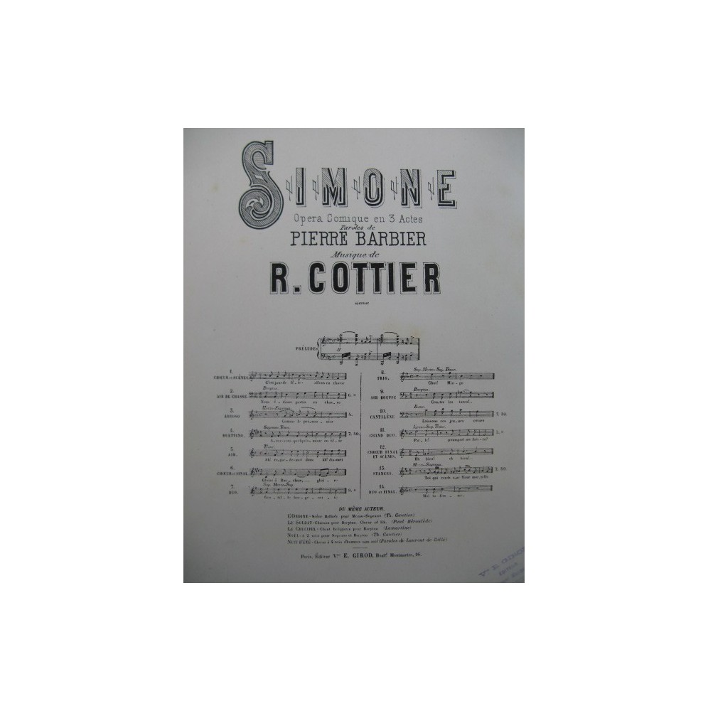COTTIER R. Simone No 9 Air de Grimaldi Chant Piano 1882