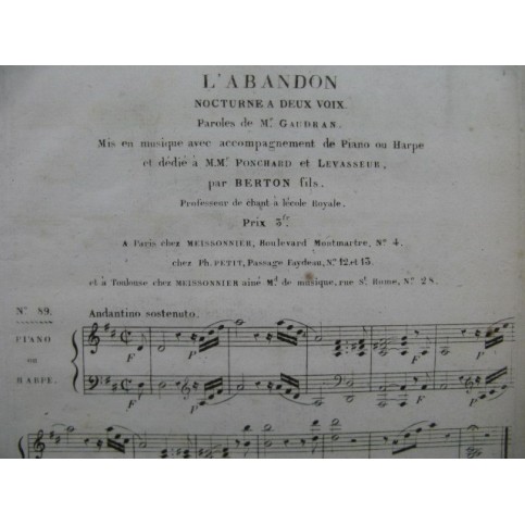 BERTON F. Fils L'Abandon Chant Piano ou Harpe ca1830
