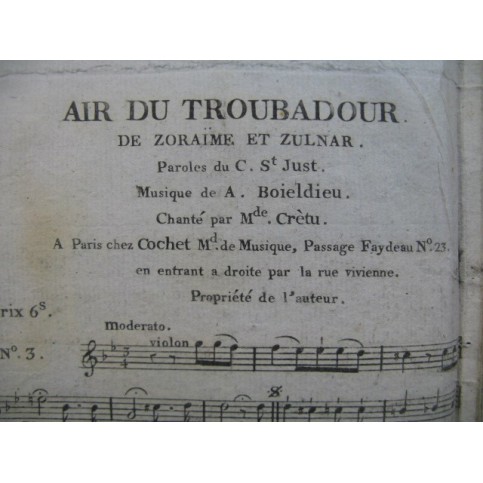 BOIELDIEU Adrien Zoraïme et Zulnare No 3 Air Chant ca1830