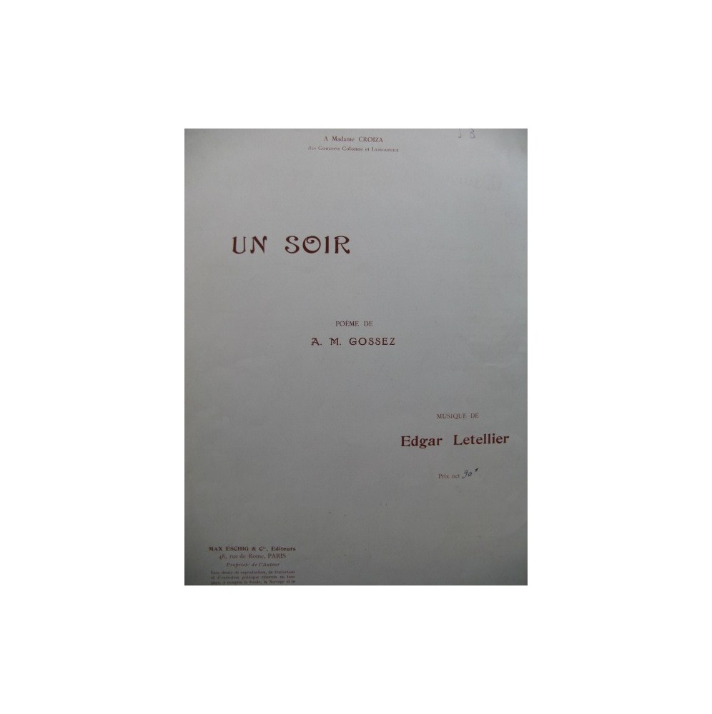 LETELLIER Edgar Un Soir Chant Piano 1925