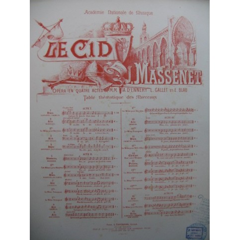 MASSENET Jules Le Cid No 5 Stances de Rodrigue Chant Piano 1886