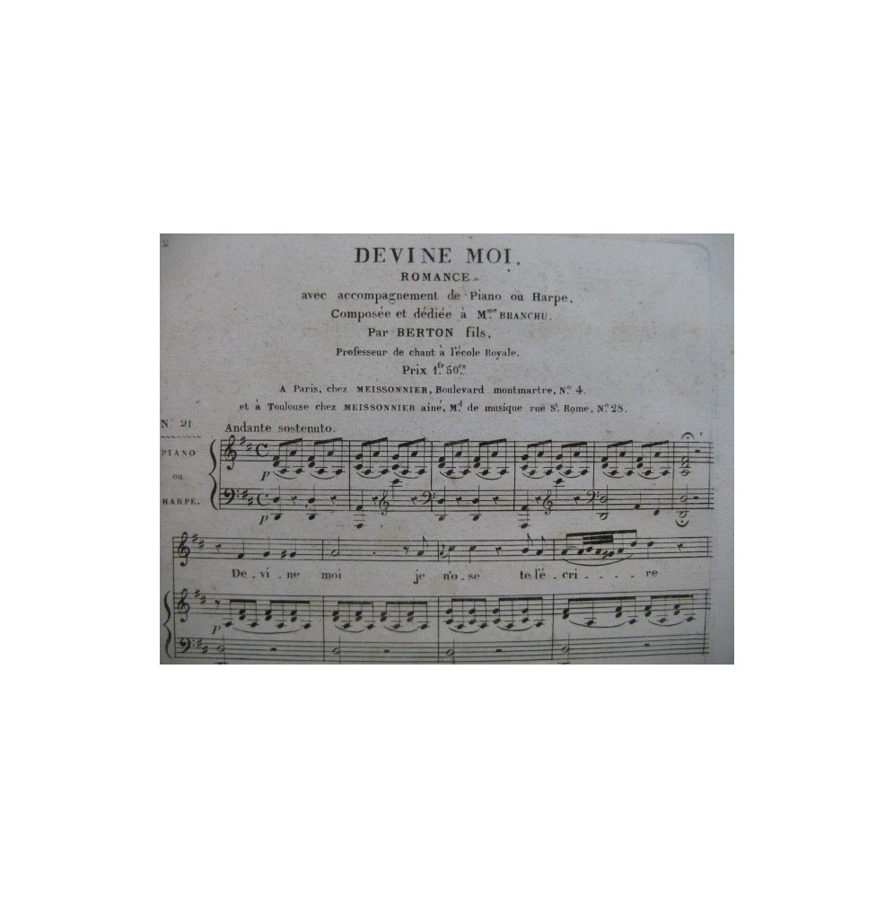BERTON F. Fils Devine moi Chant Piano ou Harpe ca1830