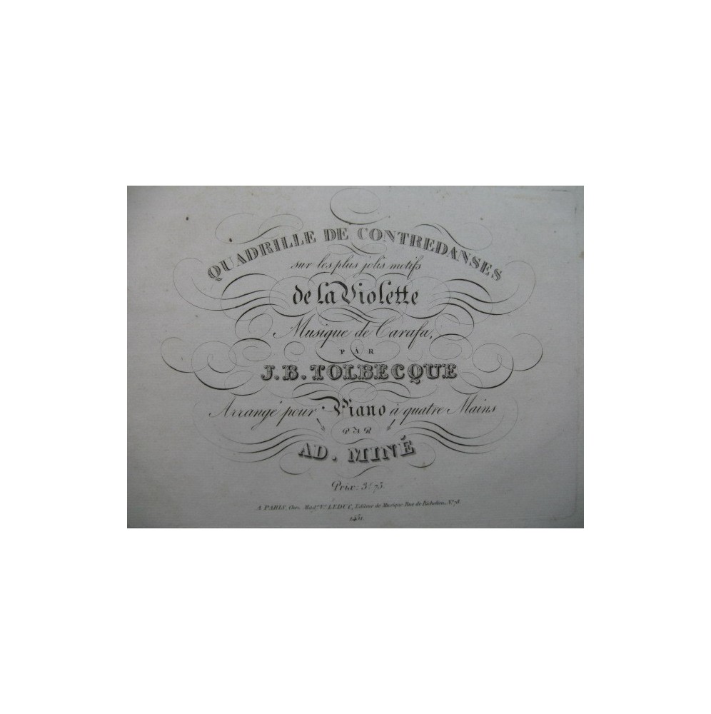 TOLBECQUE J. B. Quadrille Violette Carafa Piano 4 mains ca1840