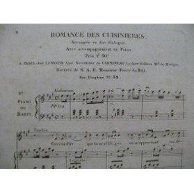 Romance des Cuisinières Duo Chant Piano ou Harpe ca1830
