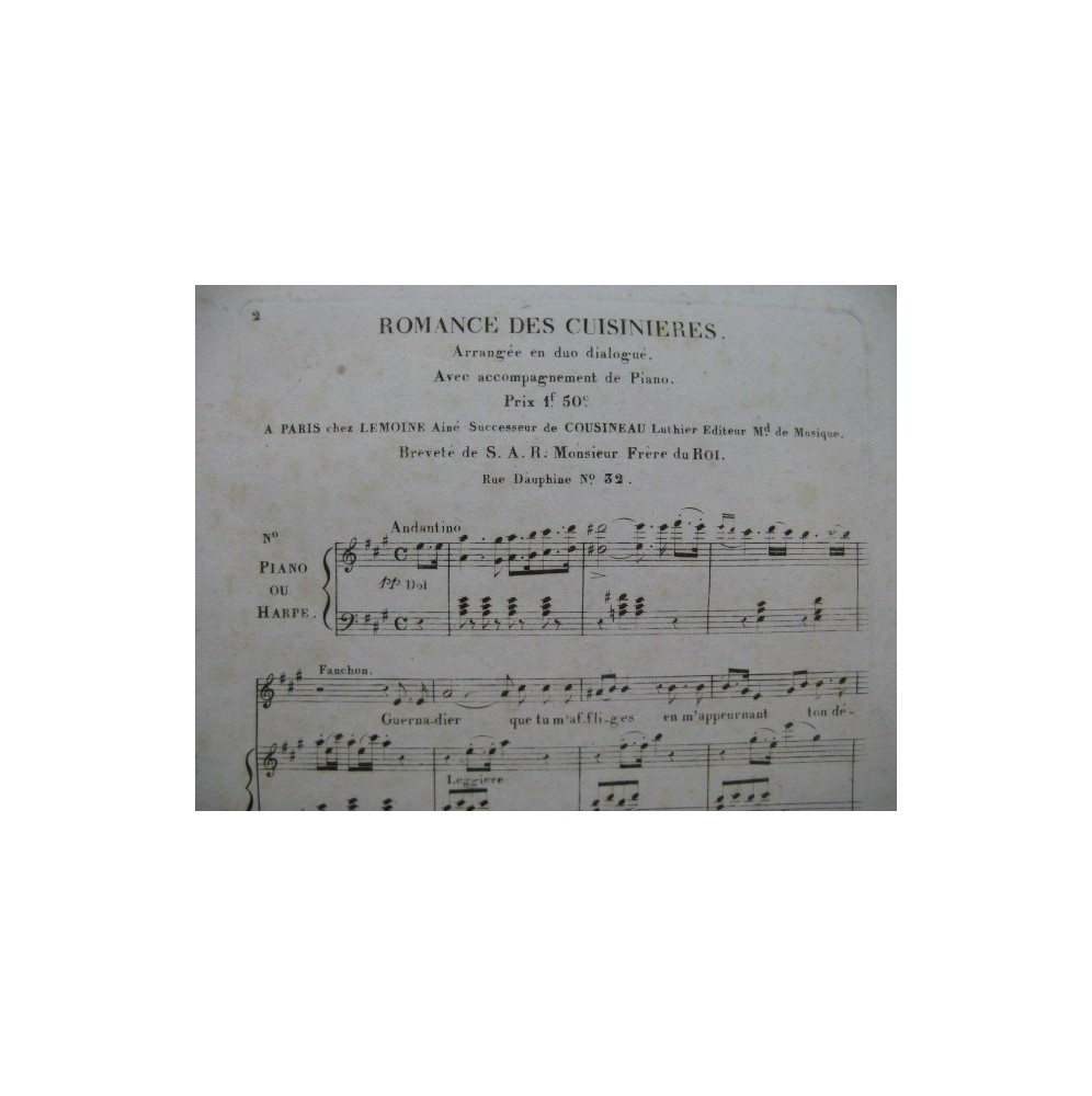 Romance des Cuisinières Duo Chant Piano ou Harpe ca1830