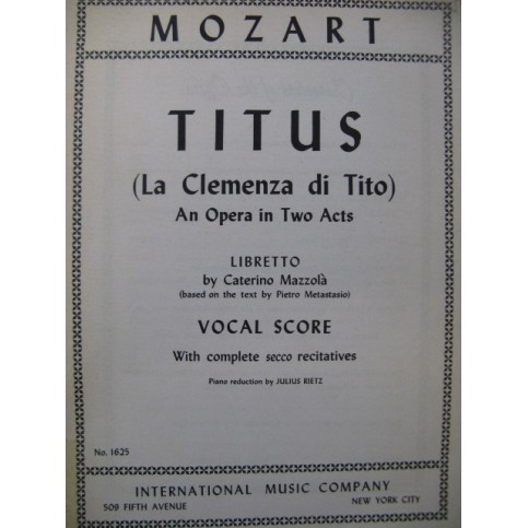 MOZART W. A. Titus La Clemenza di Tito Opera Chant Piano 1952