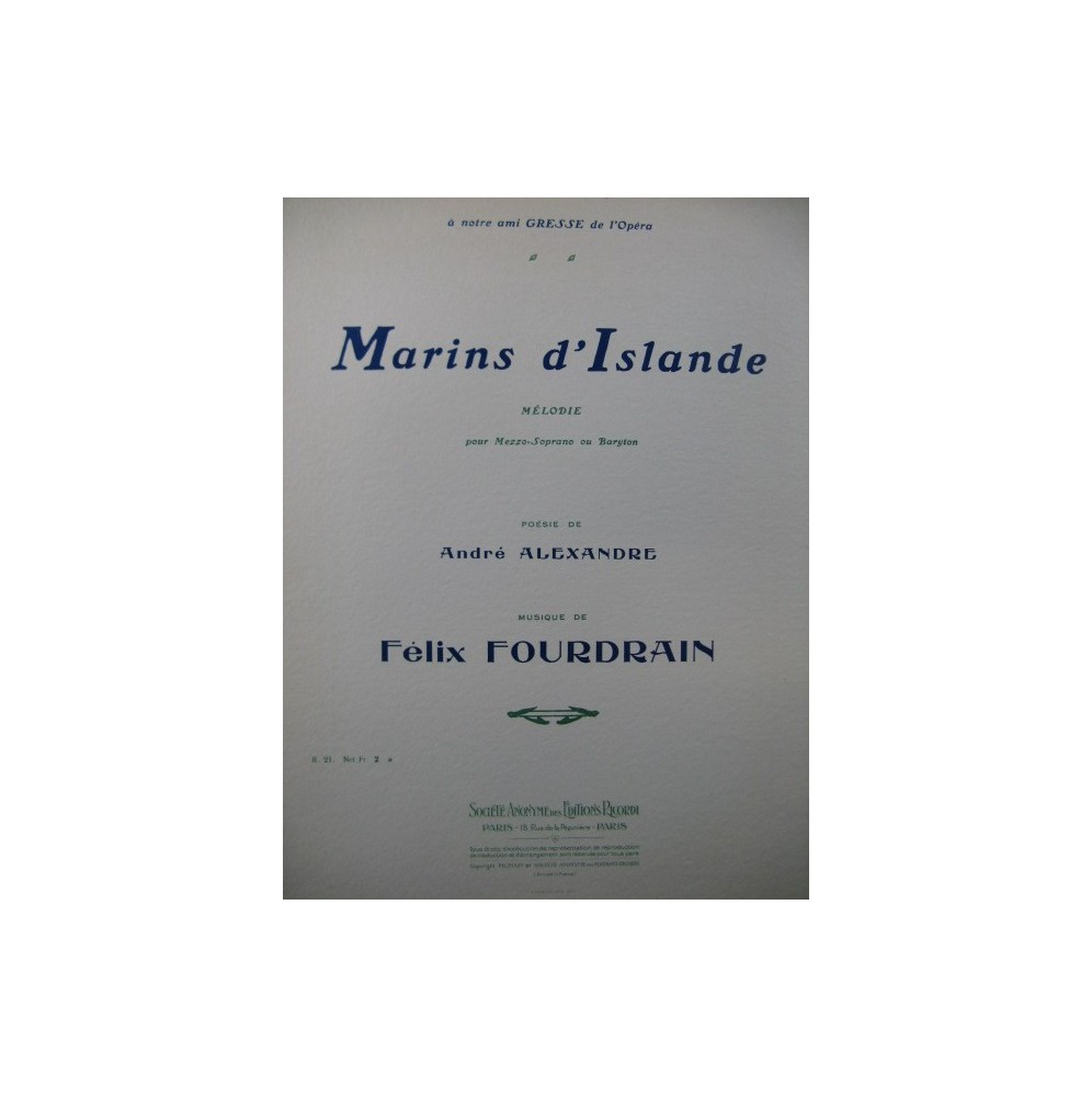 FOURDRAIN Félix Marins d'Islande Chant Piano 1914
