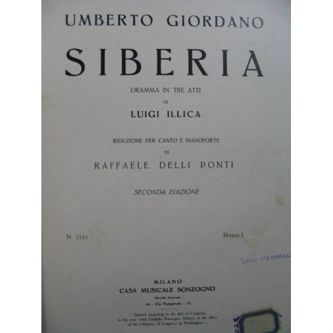 GIORDANO Umberto Siberia Opéra Chant Piano 1903