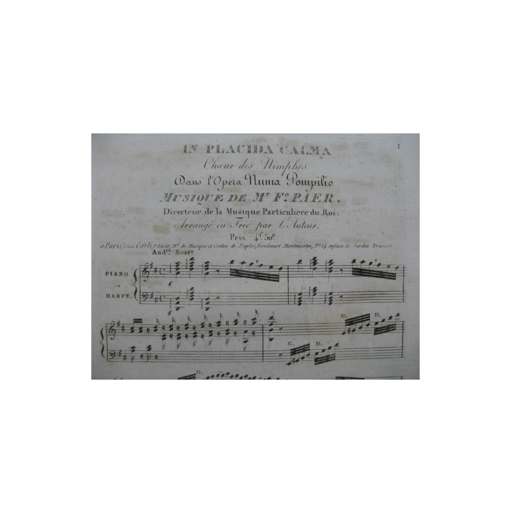 PAËR Ferdinando In Placida Calma Chant Piano ou Harpe ca1810