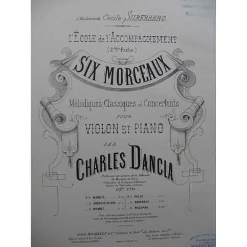 DANCLA Charles Andante Prière Violon Piano 1886