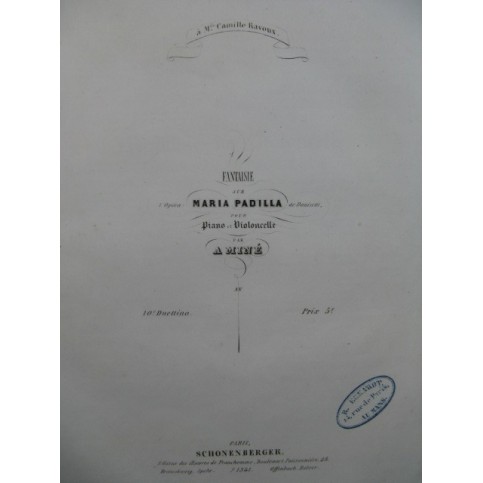 MINÉ A. Fantaisie sur Maria Padilla de Donizetti Piano Violoncelle ca1840