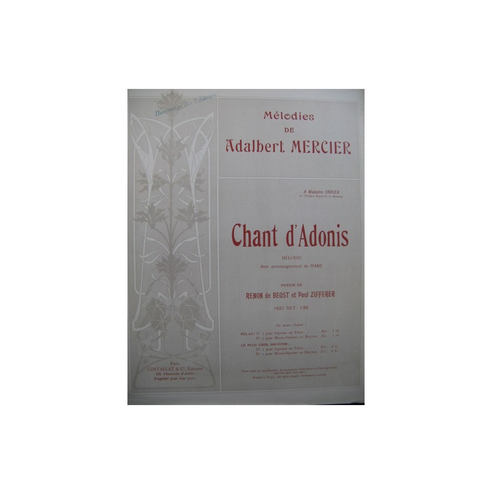 MERCIER Adalbert Chant d'Adonis Chant Piano 1903
