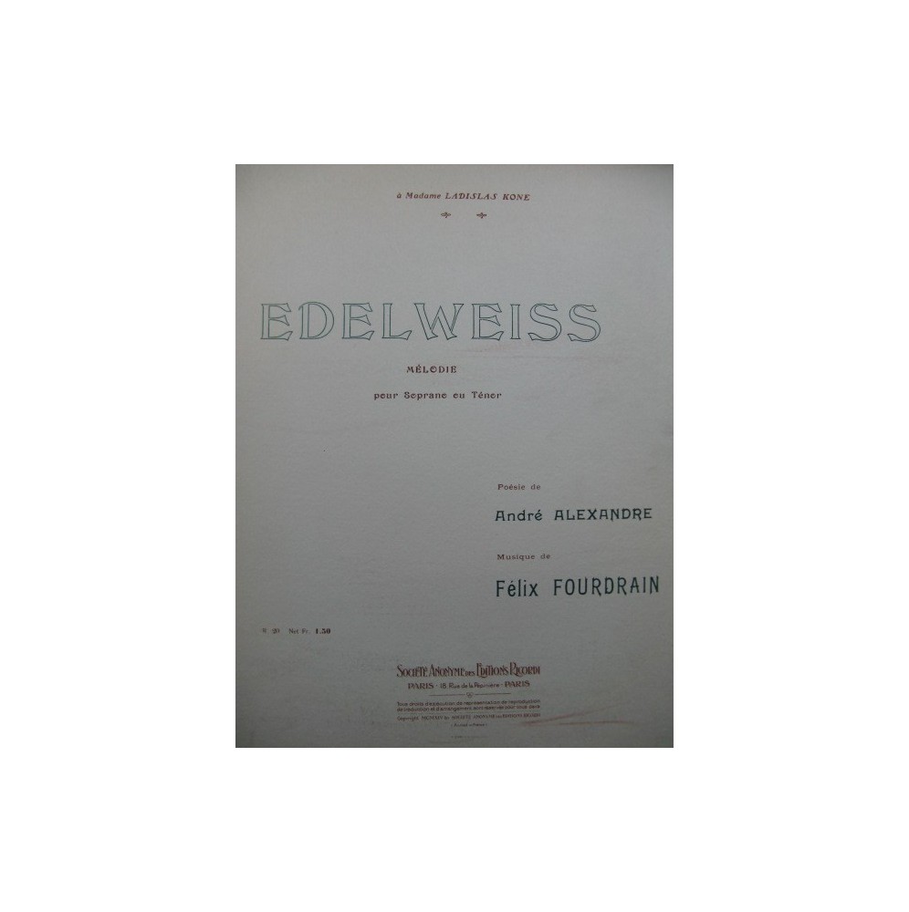 FOURDRAIN Félix Edelweiss Chant Piano 1914