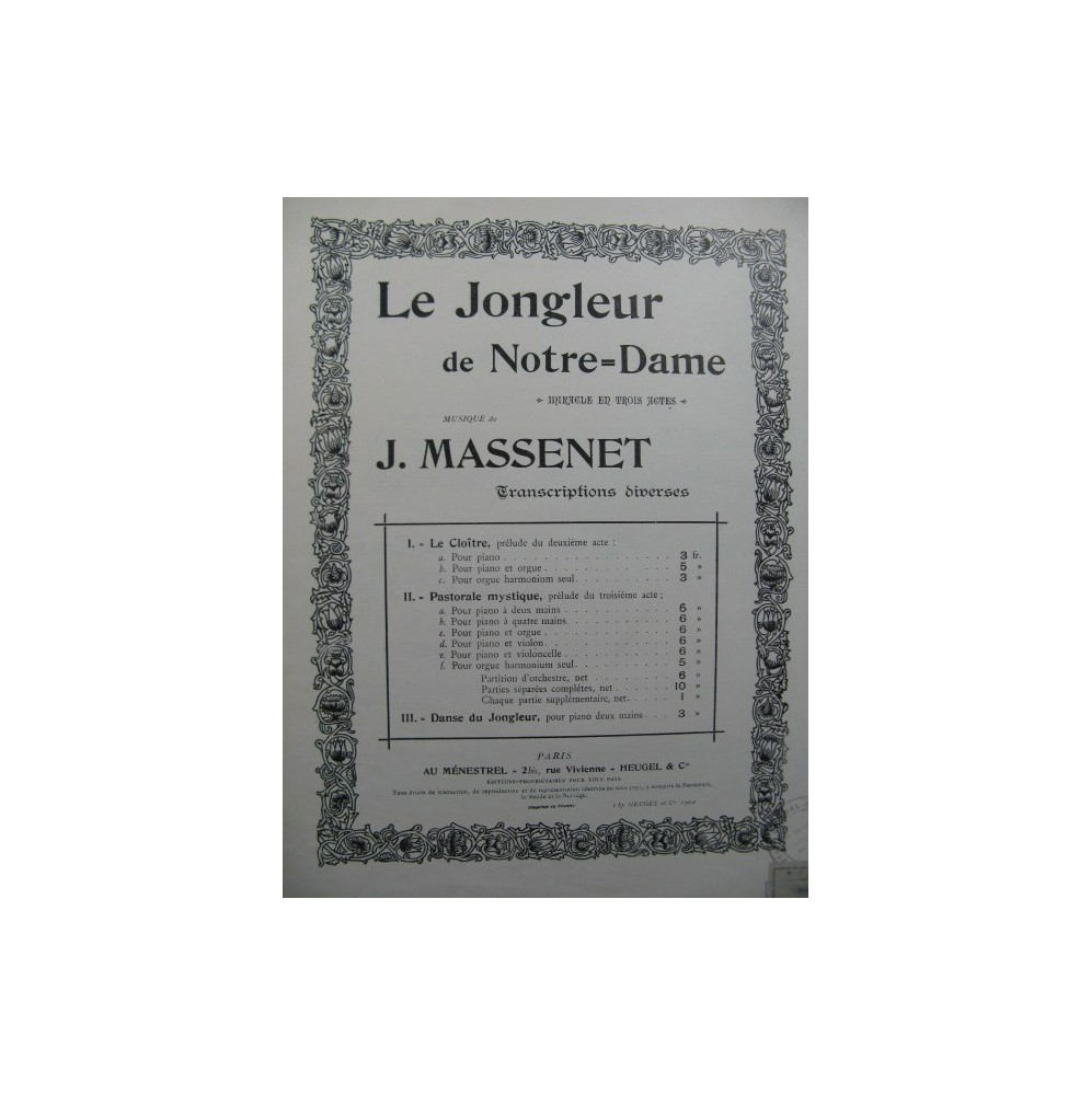 MASSENET Jules Le Jongleur de Notre Dame Pastorale Mystique Piano 1946
