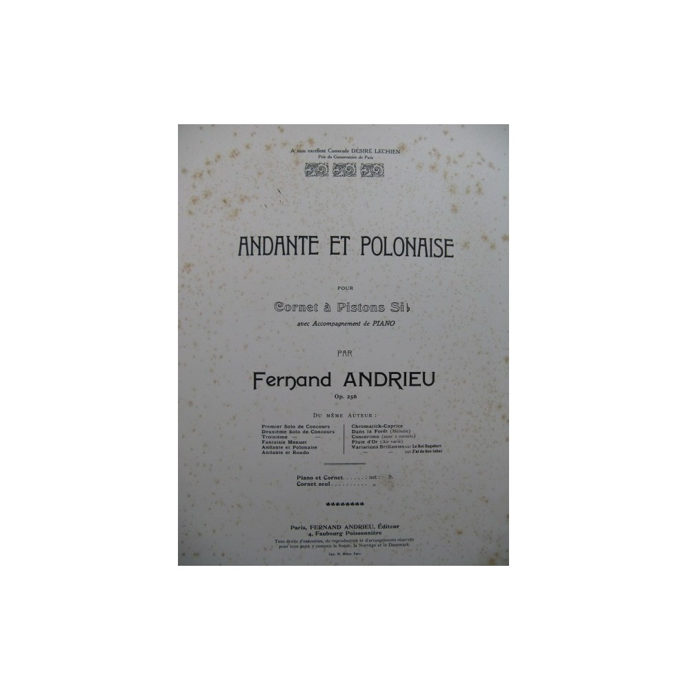 ANDRIEU Fernand Andante et Polonaise Cornet à Pistons Piano